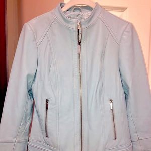 Neiman Marcus light blue leather jacket